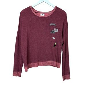 Sundry Amour Patch Burgundy Long Sleeve Crisscross Open Back Sweater Wom…